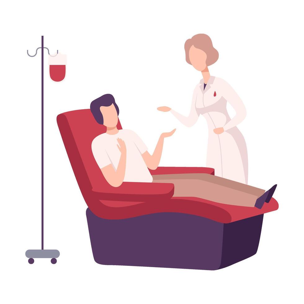 Male Donor Giving Blood in Medical Hospital, Man Sitting in Medical Chair, Female Doctor or Nurse Standing Next to Him, Blood Donation Flat Illustration vector