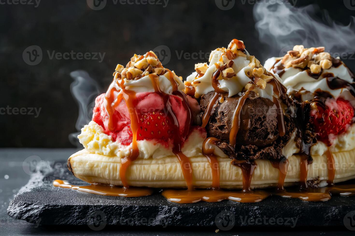 Moody banana split with caramel smoke photo