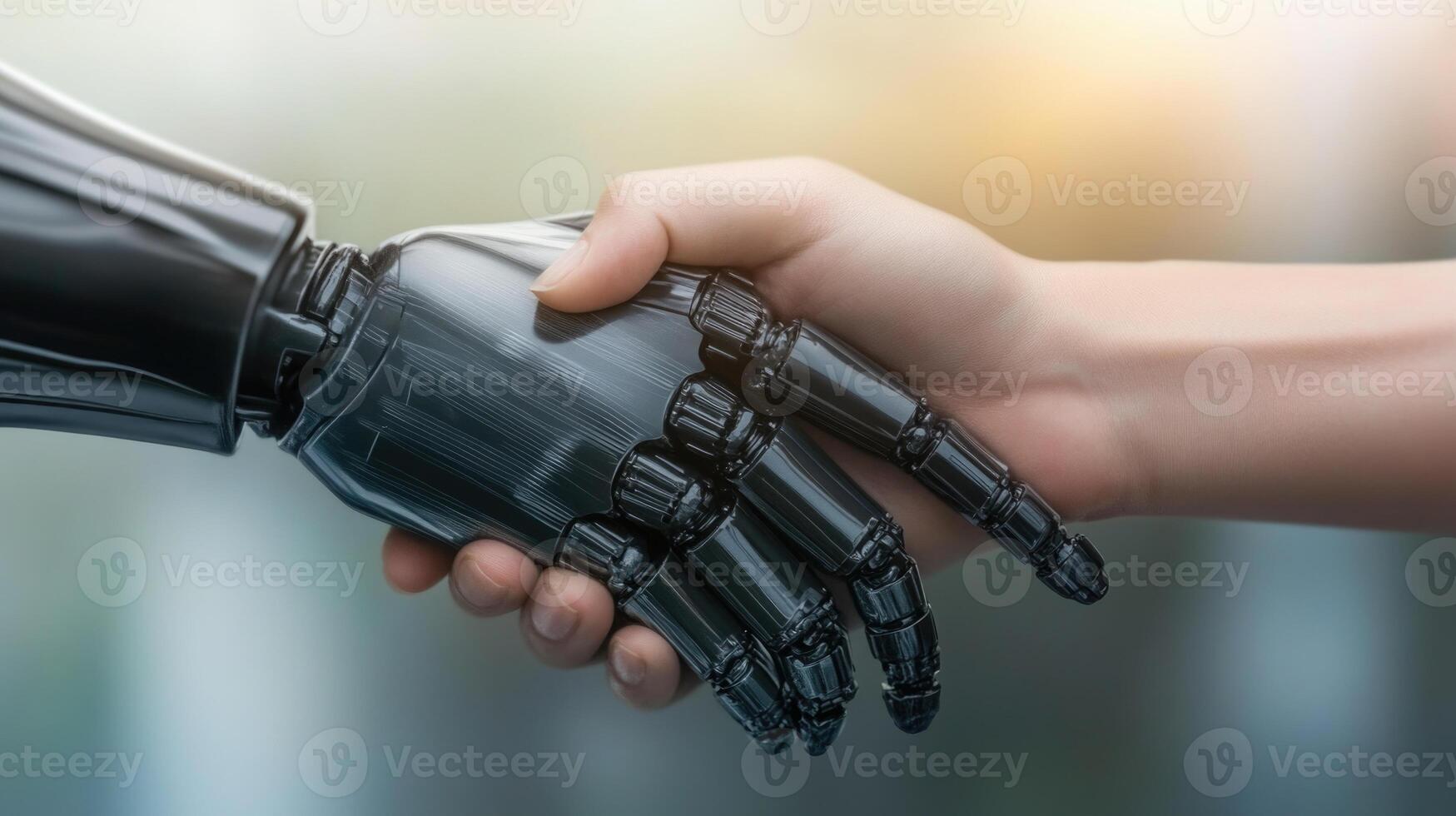 Collaboration between human and robot hand signifies the future of technology photo