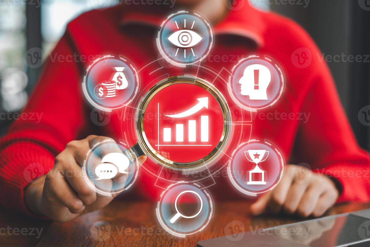 Conceptual image depicting growth with business icons and a rising graph, symbolizing success and progress in a digital context. photo