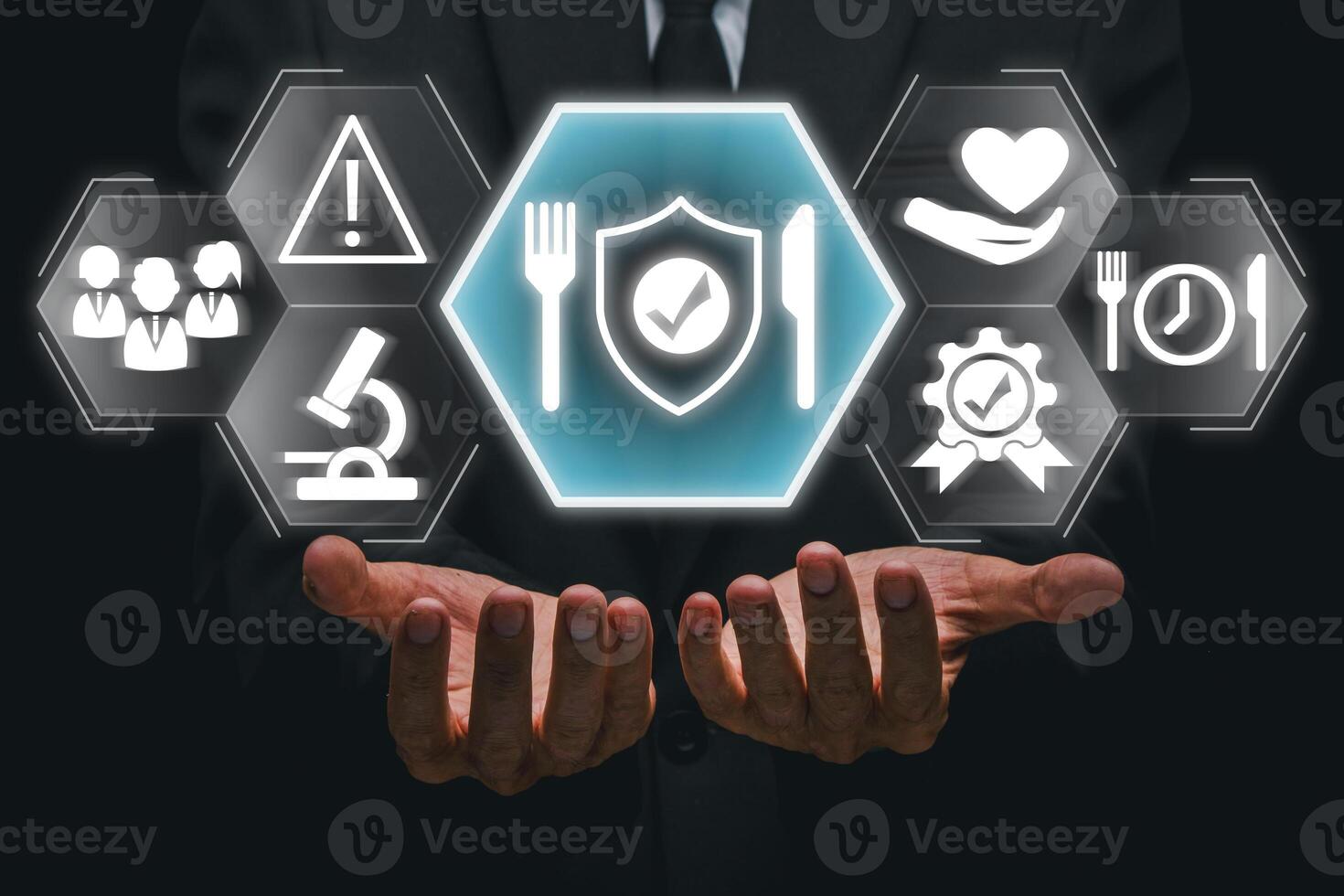 Visual representation of food safety with icons highlighting hygiene, quality control, and safe eating practices. photo
