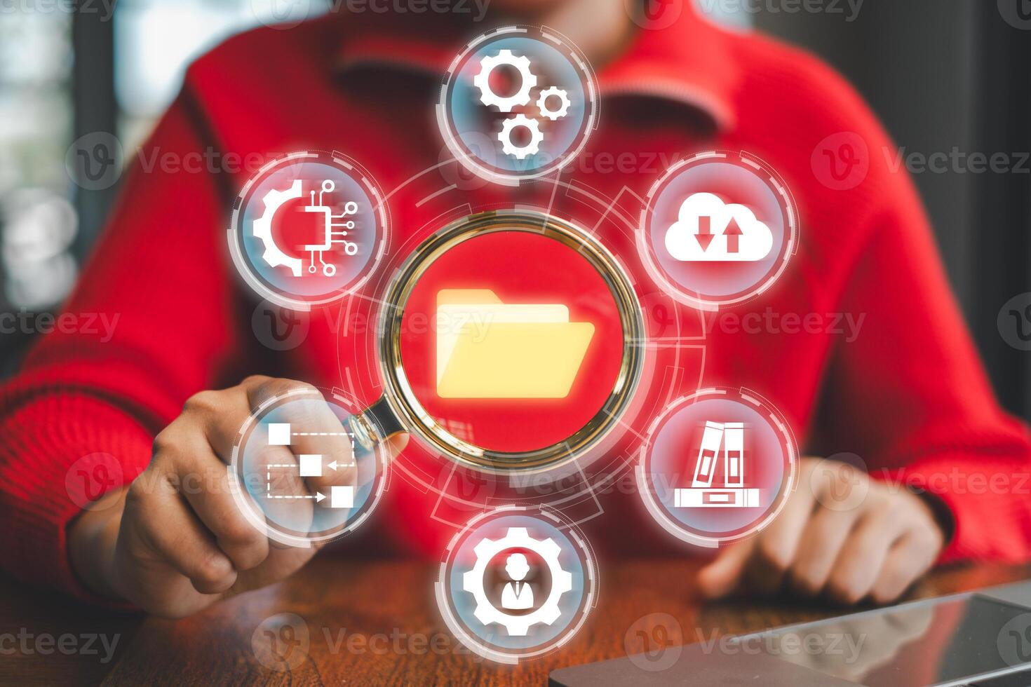 Visual representation of digital document management with cloud and security icons, highlighting efficient workflow solutions. photo
