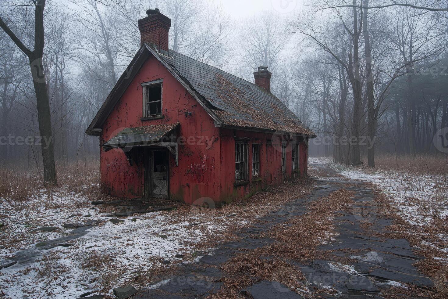 Red Abandoned House Winter Foggy Forest photo