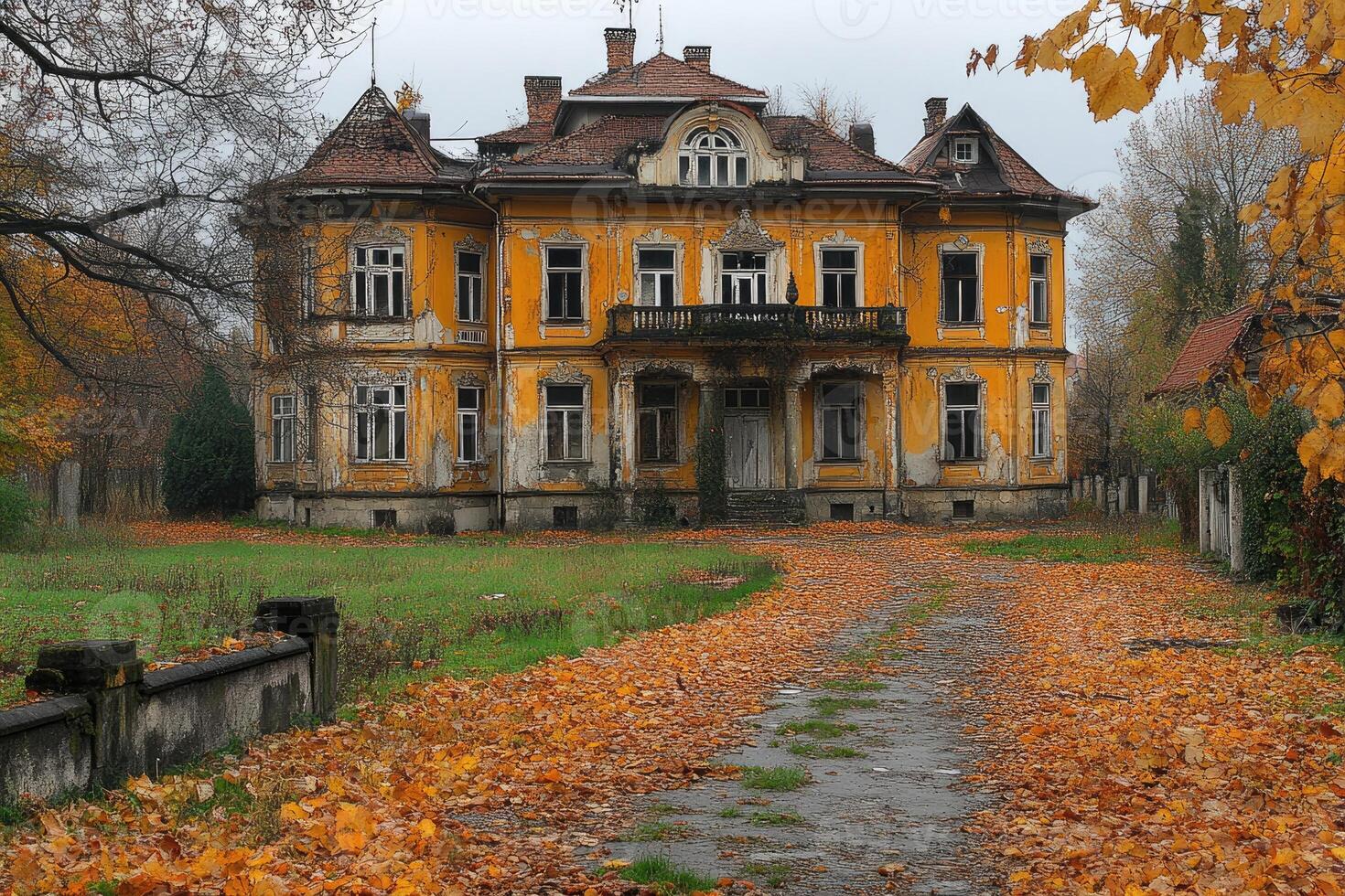 Abandoned Yellow Mansion Autumn Leaves Pathway photo