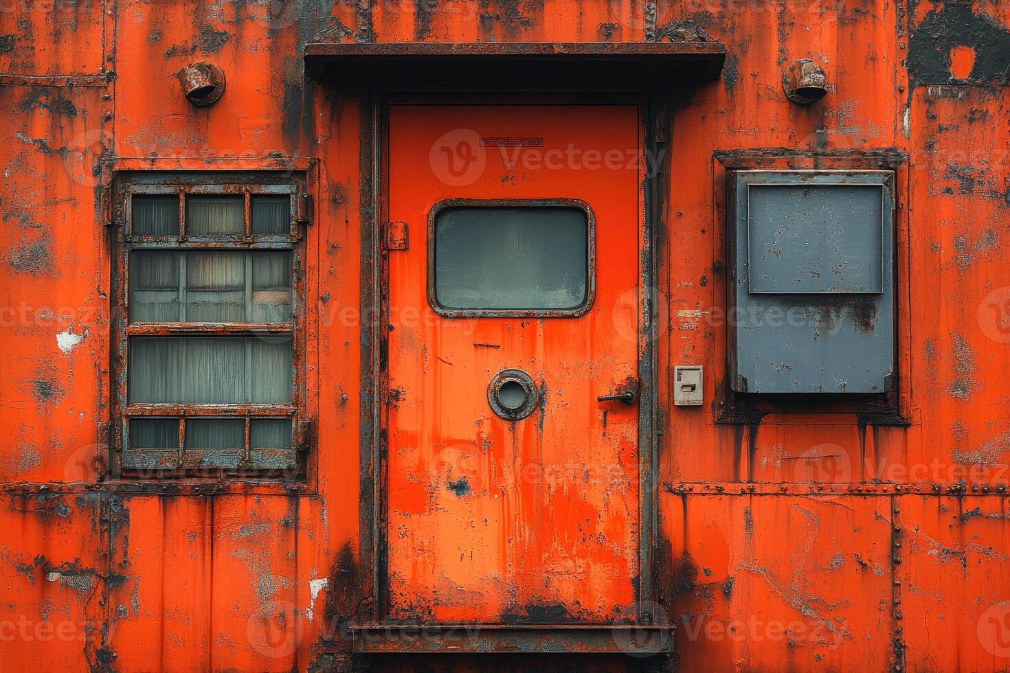 Rusty Orange Metal Door With Window And Panel photo