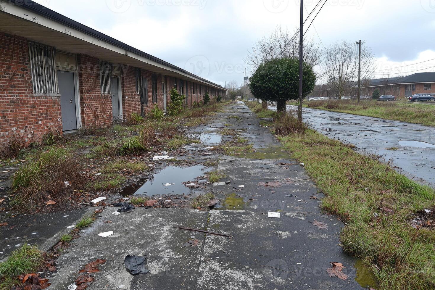 Derelict brick building and decaying roadway scene photo