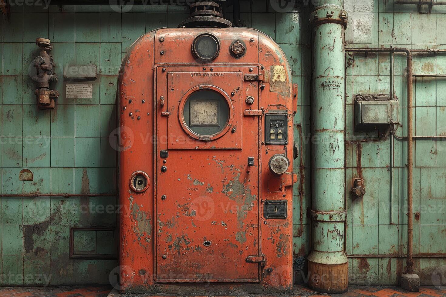 Rusted Industrial Machine Against Aged Tiled Wall photo