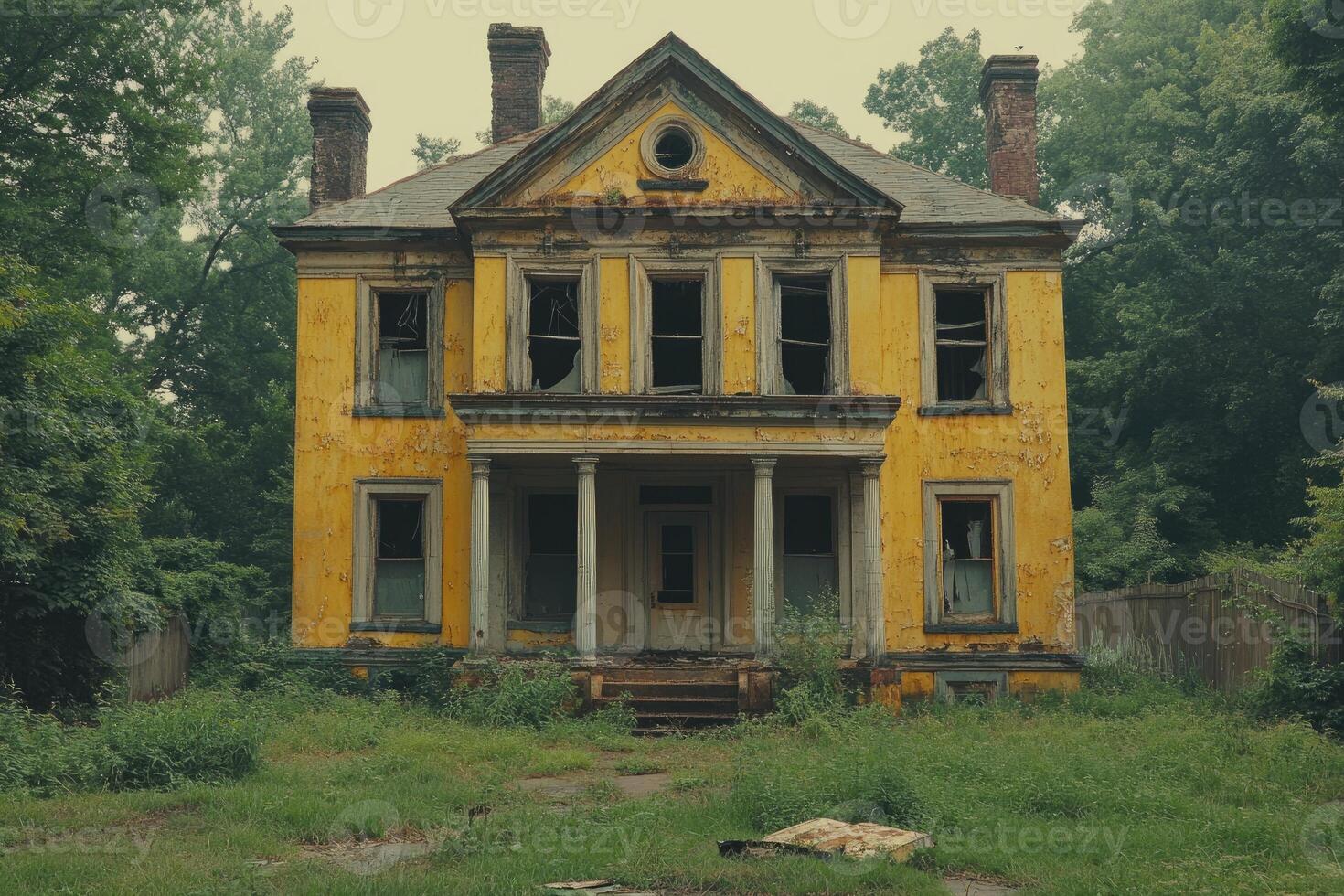 Abandoned Yellow House Overgrown With Weeds photo