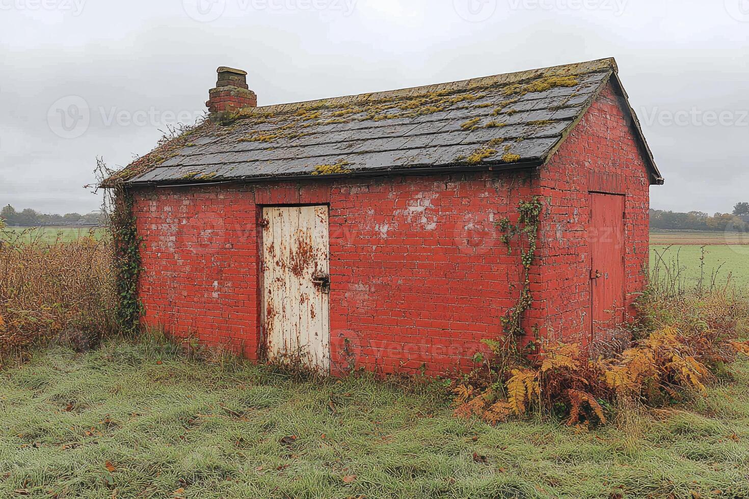 Rustic Red Brick Shed in a Field Setting photo