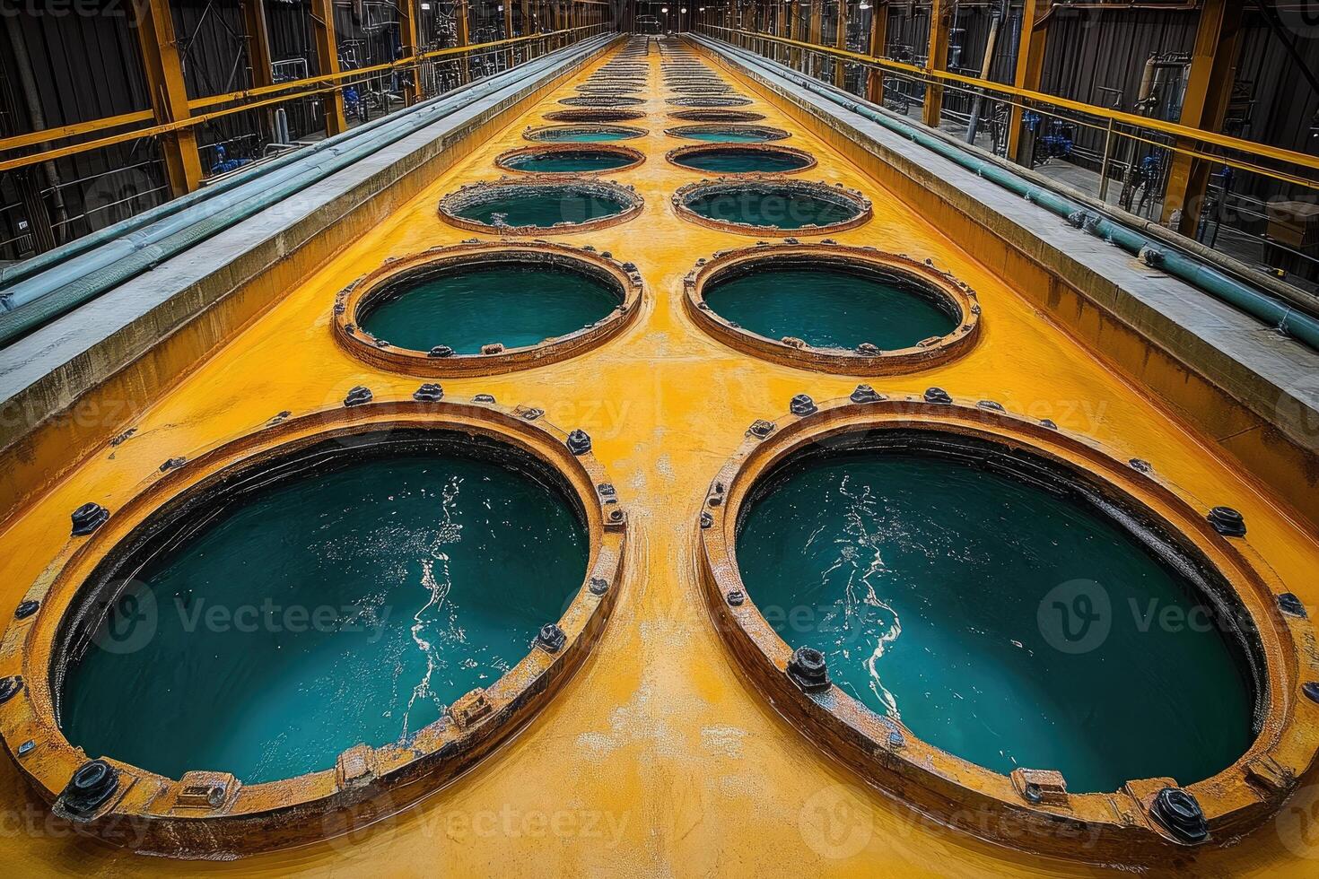 Industrial facility showing multiple circular tanks filled with teal liquid photo