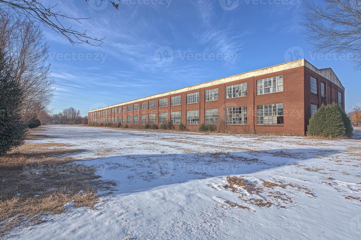Long Brick Factory Building Winter Landscape Scene photo