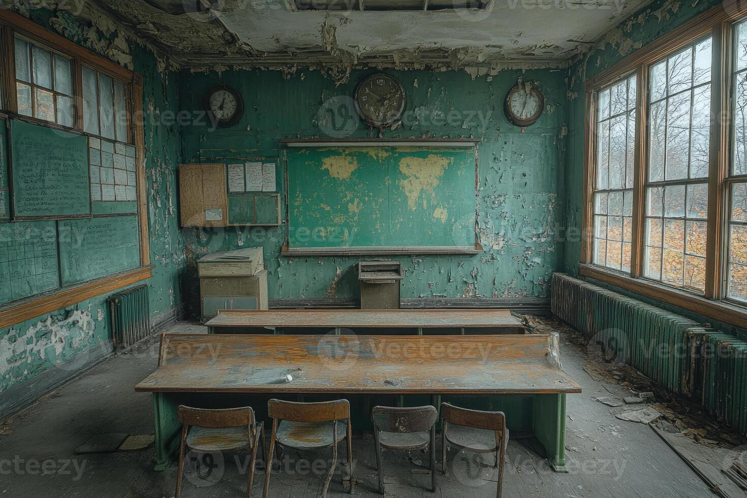 Abandoned Classroom With Old Desks and World Map photo