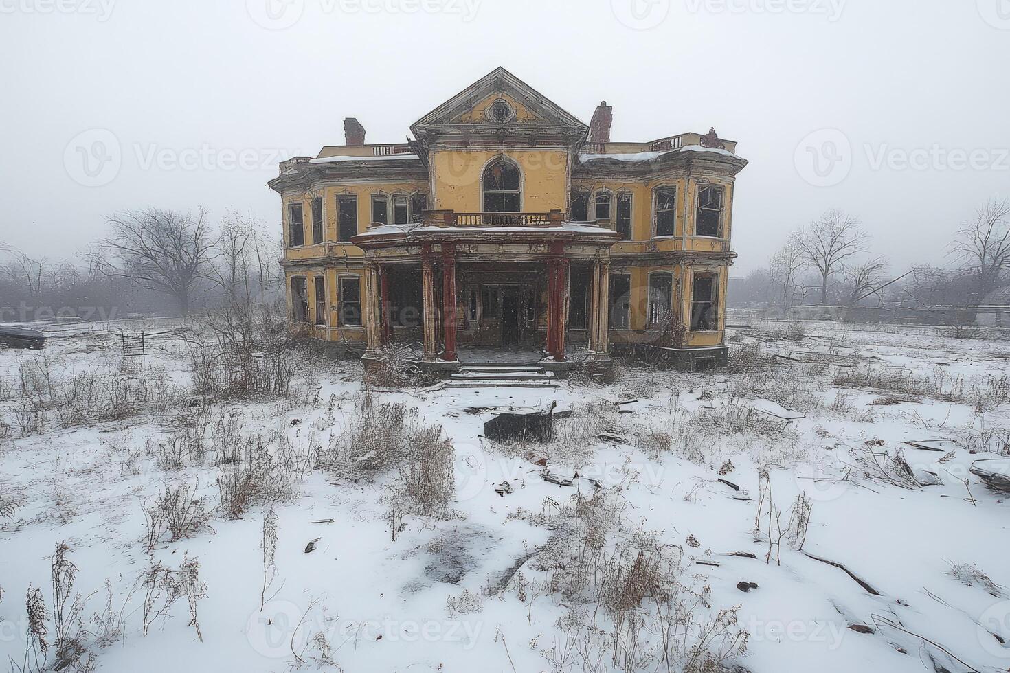 Abandoned Yellow Mansion in Winter Snow photo