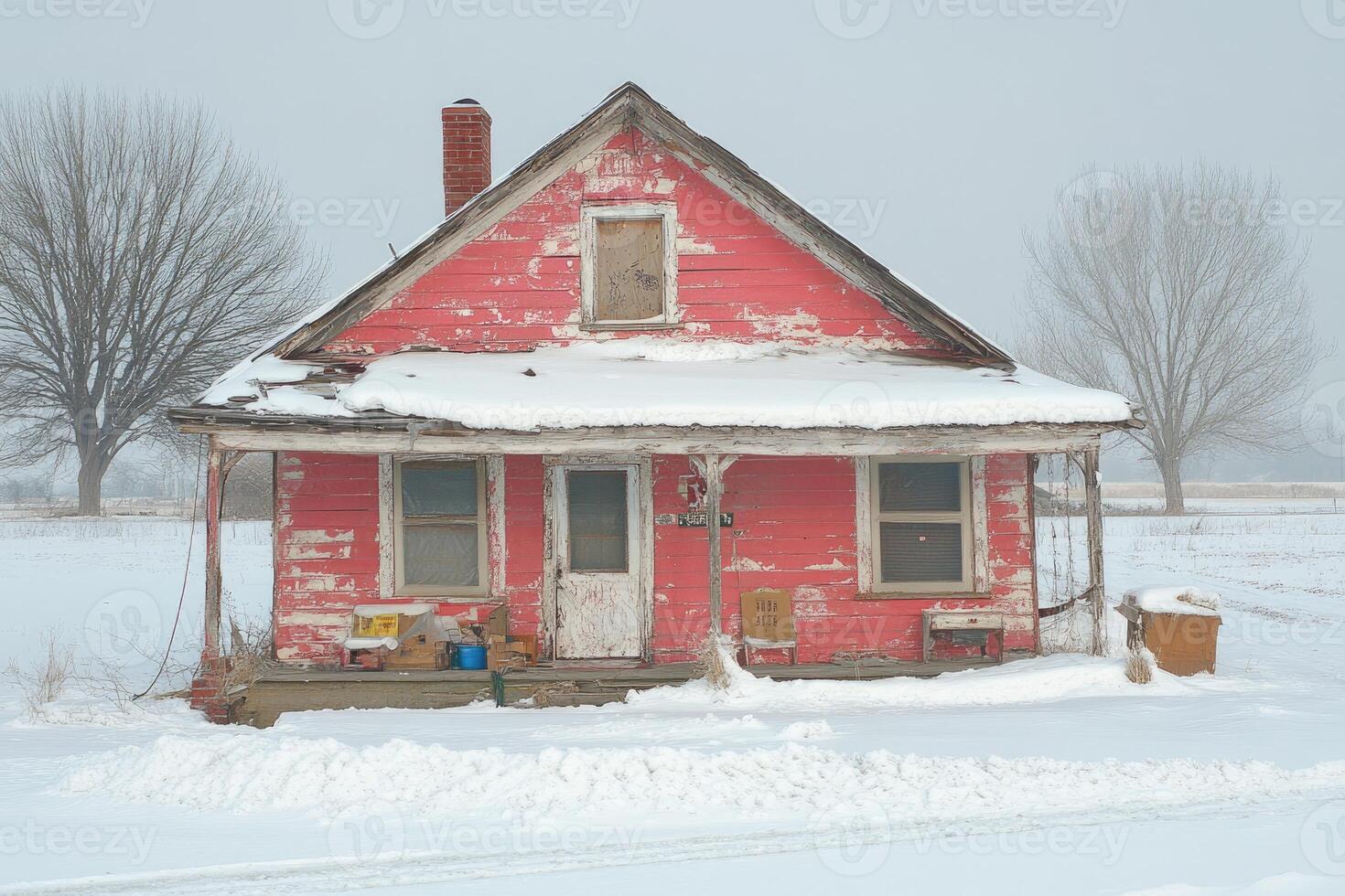 Rustic Red House Winter Snow Landscape photo