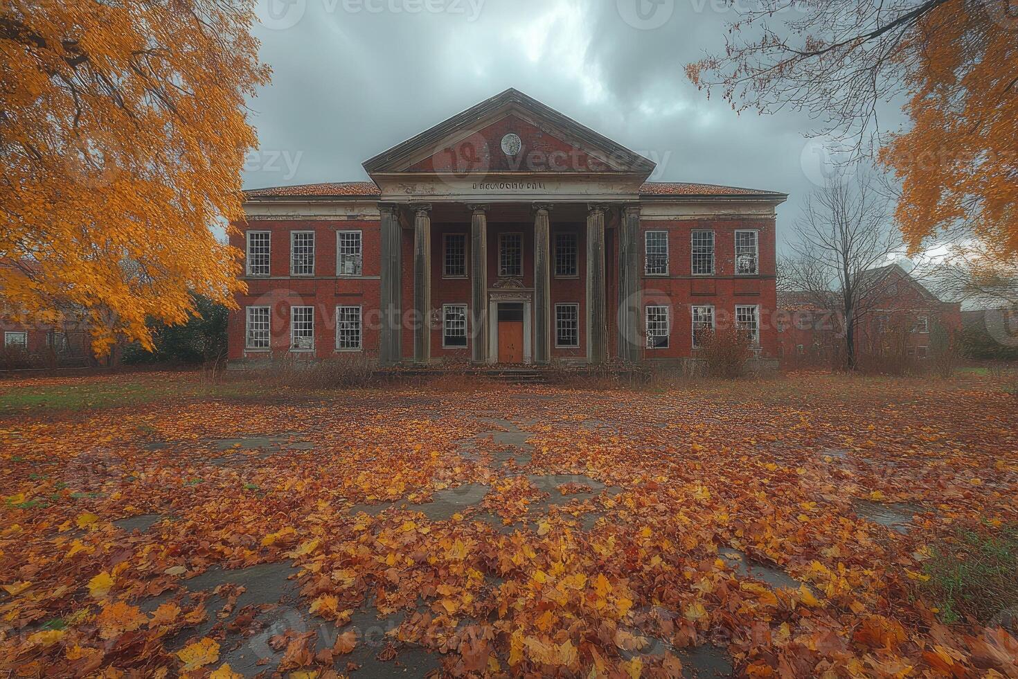 Autumn Leaves Surround a Grand Abandoned Brick Building photo