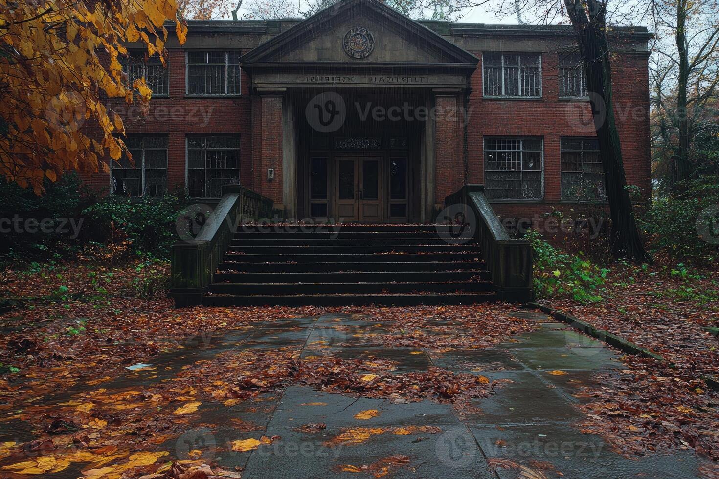 Old Brick Building Entrance Autumn Leaves Rain photo