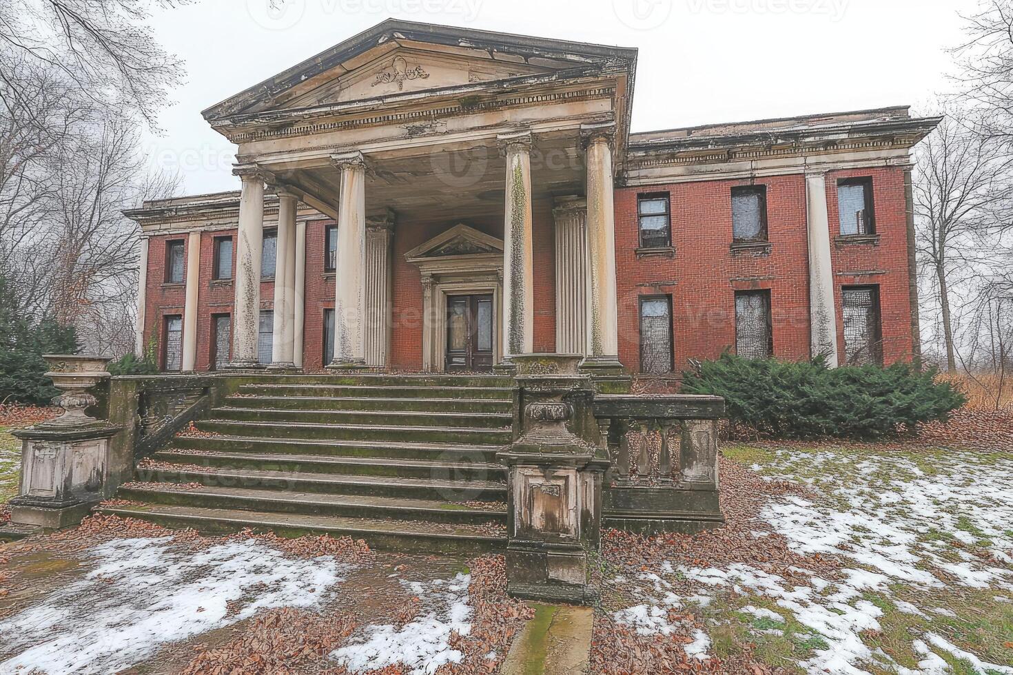 Majestic Abandoned Brick Mansion With Grand Columns and Steps photo