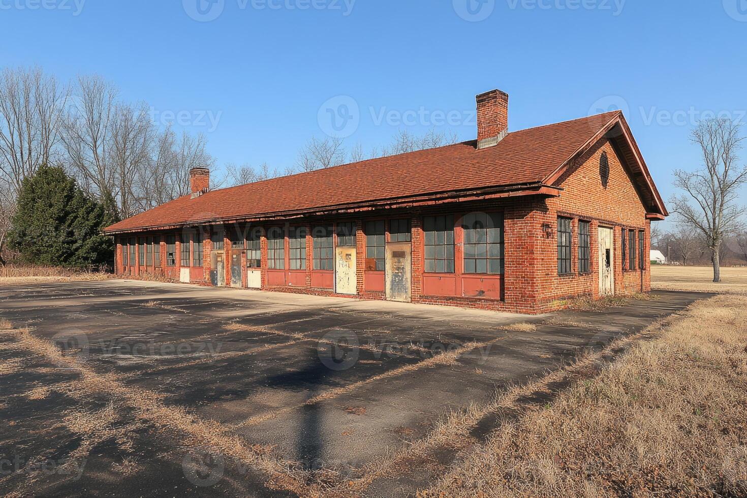 Abandoned Brick Building With Multiple Windows And Chimneys photo