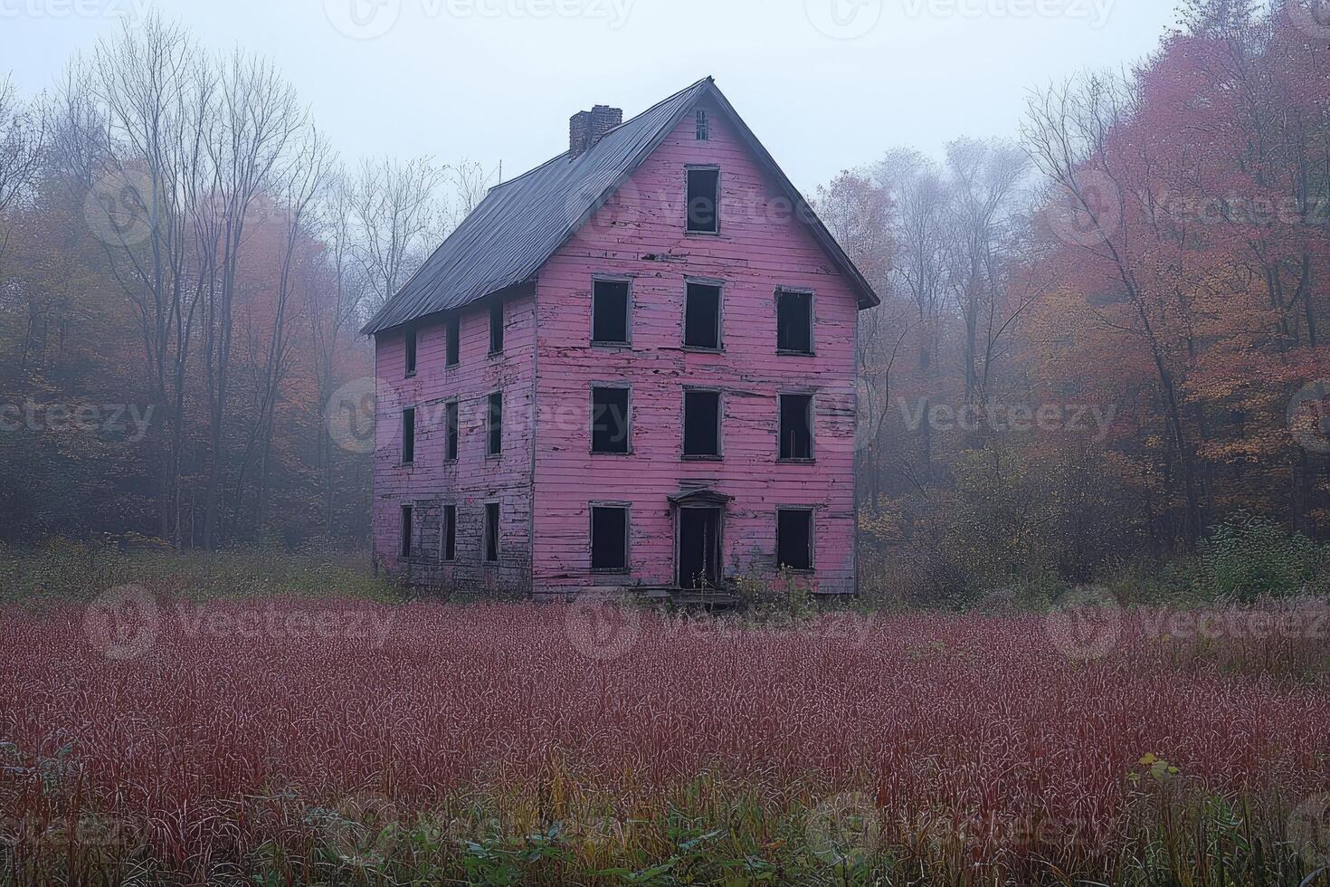 A Pink Abandoned House Stands in a Foggy Field photo