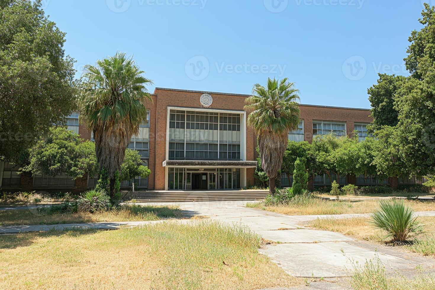 Abandoned Brick School Building Under Blue Sky photo