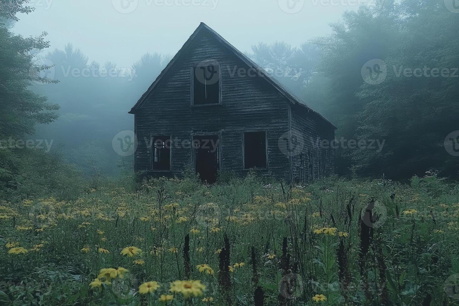 A Foggy Forest Conceals An Old Abandoned House photo