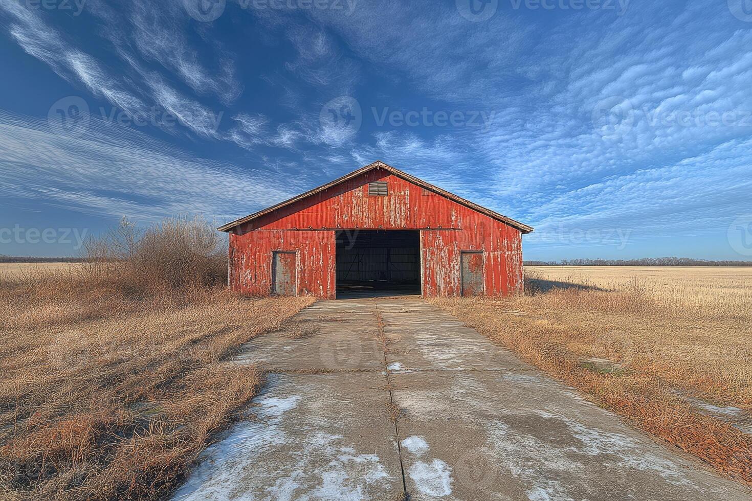 Rusted Red Barn Stands Alone In Open Field photo