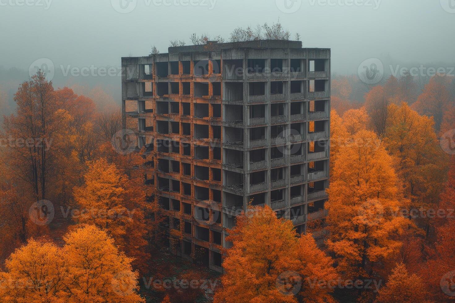 Ruined Building Amidst Autumnal Forest Scenery photo