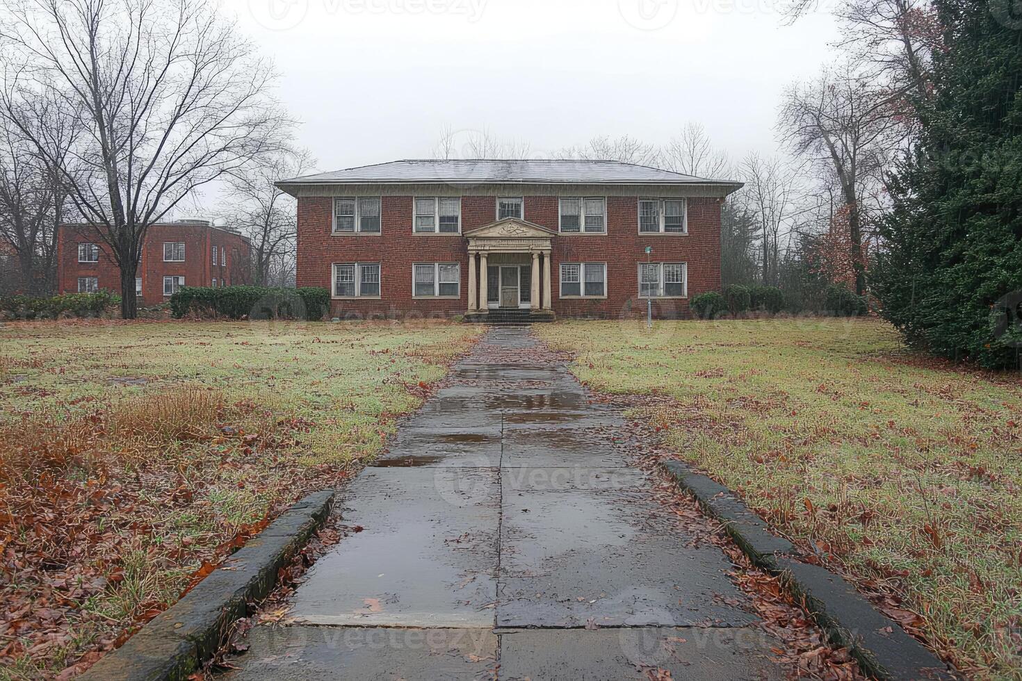 Brick House on Overcast Day with Walkway photo