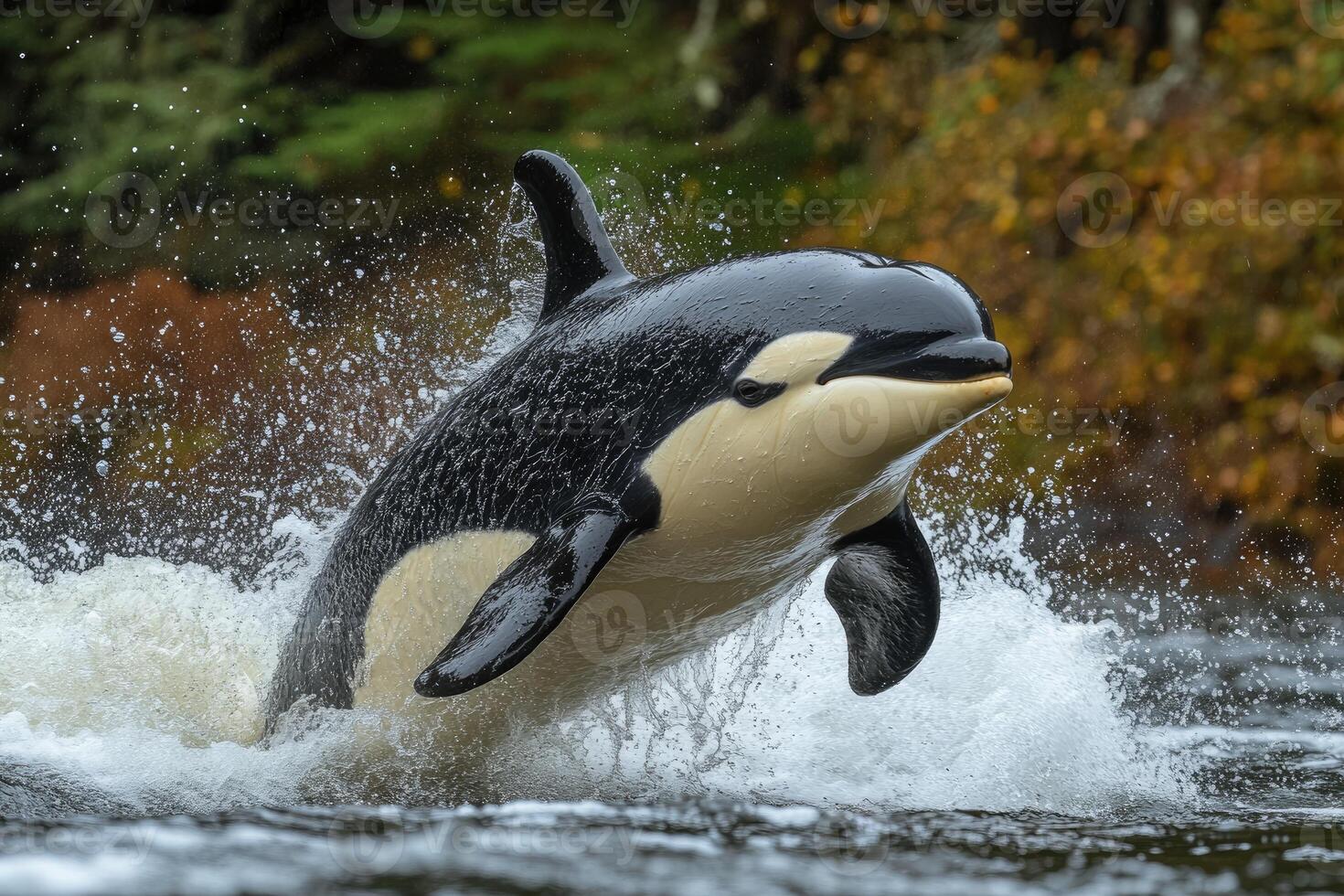 Orca whale leaping from water splashing joyfully photo