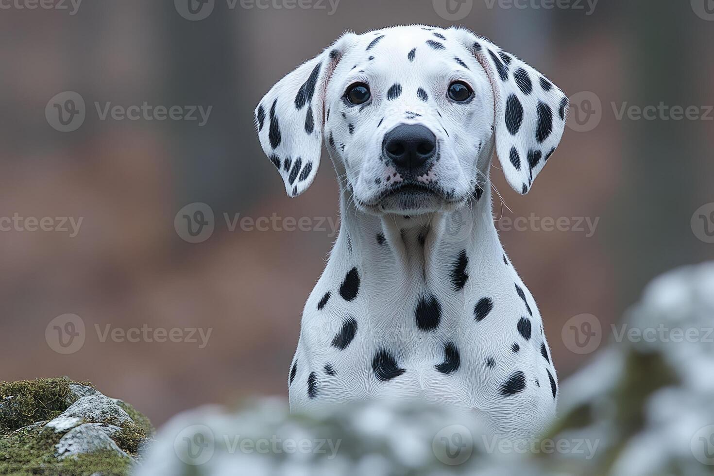 Adorable Dalmatian Puppy Posing Outdoors Amongst Rocks photo