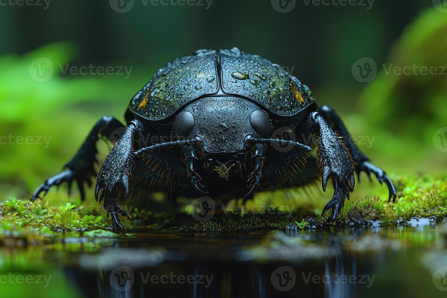 Dark Beetle by Water in Lush Green Environment photo