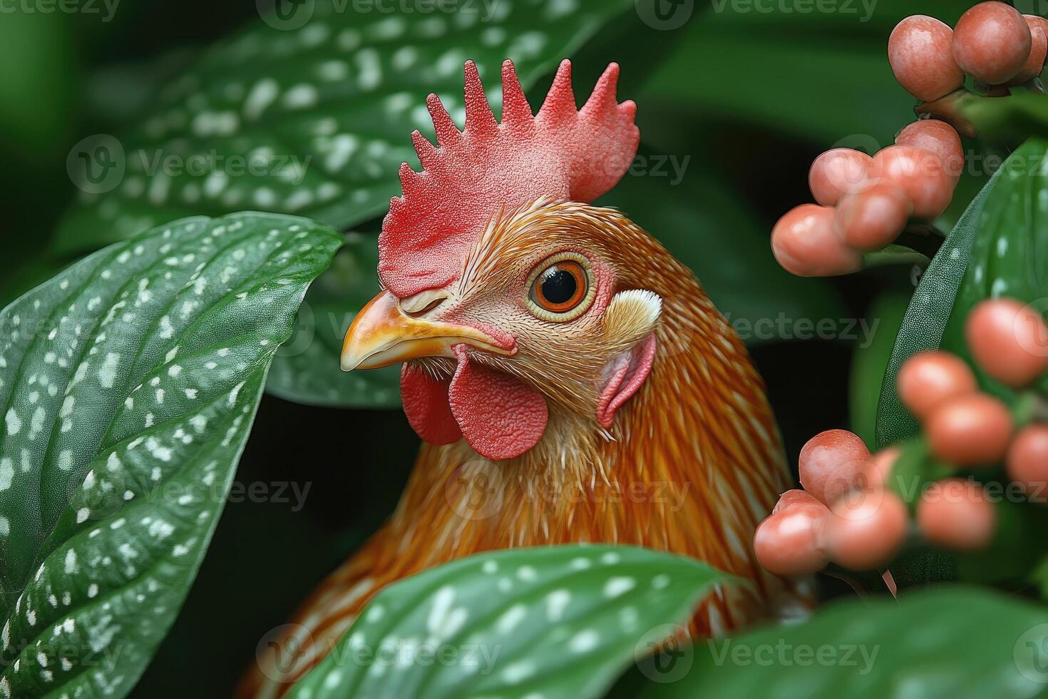 A Golden Hen Partially Hidden Amongst Lush Green Leaves photo