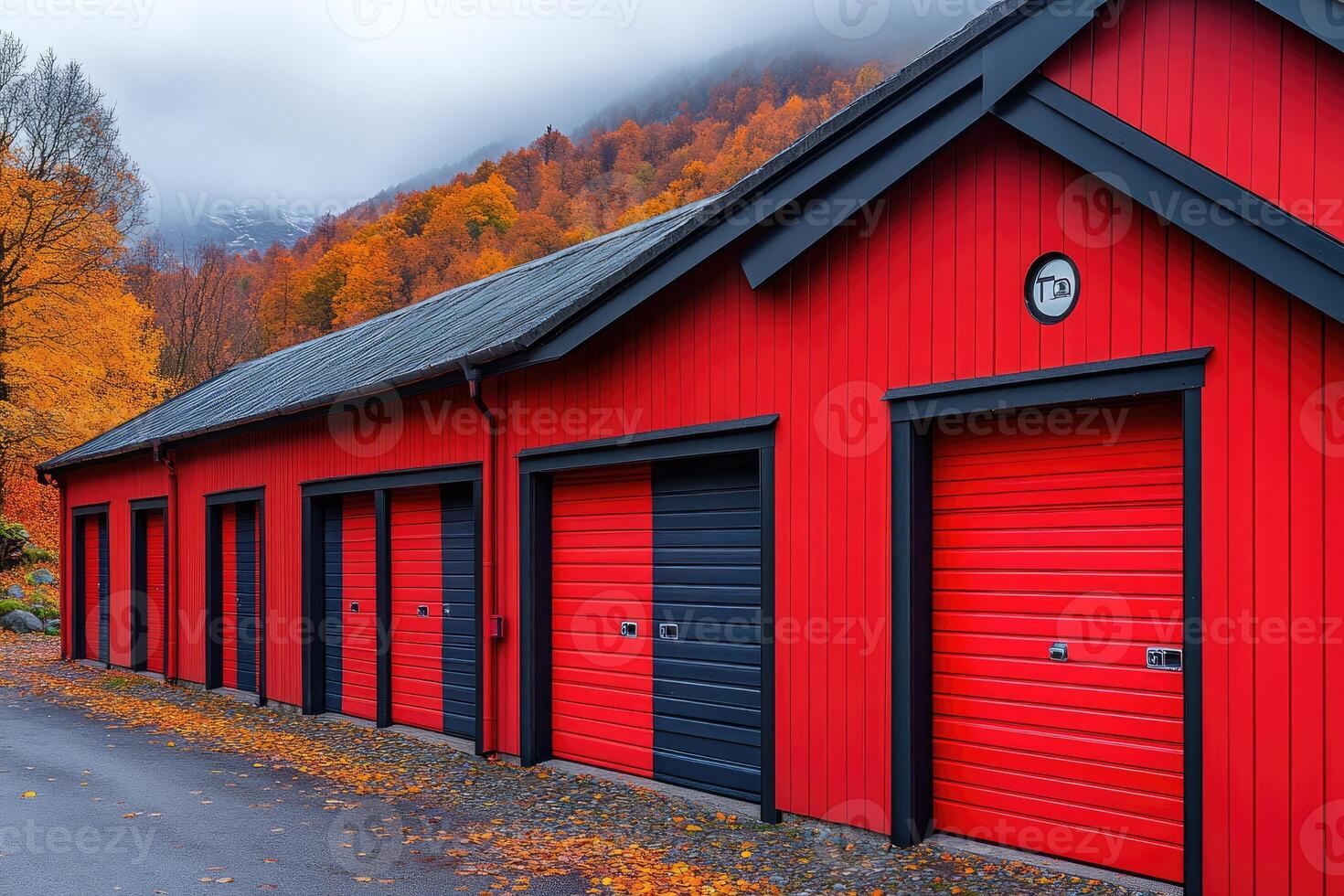 Red Garage Building Autumn Mountain Landscape photo