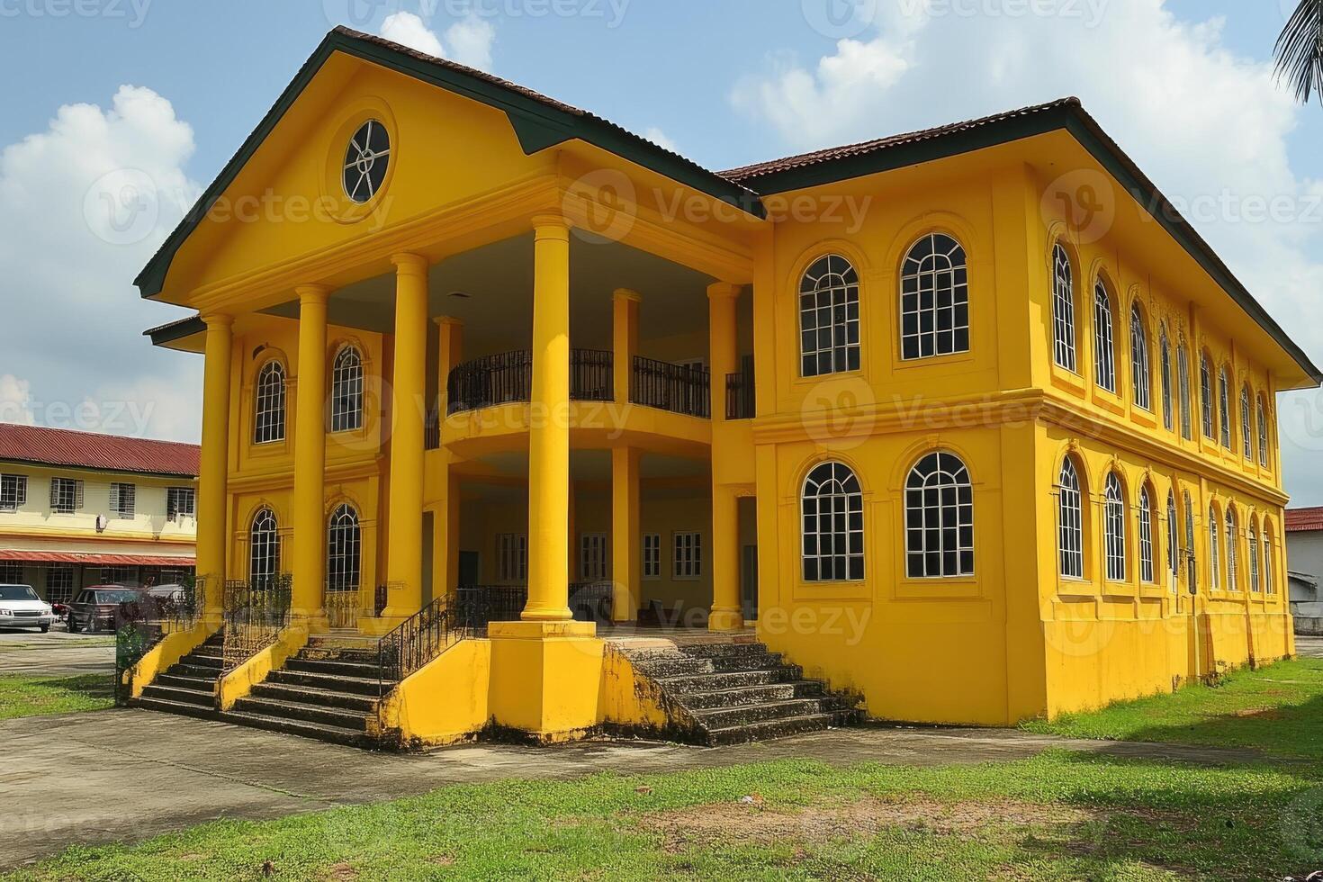 Yellow colonial style house with columns and arched windows photo