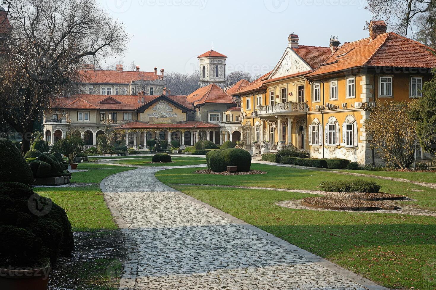 Elegant European Estate with Extensive Gardens and Stone Paths photo