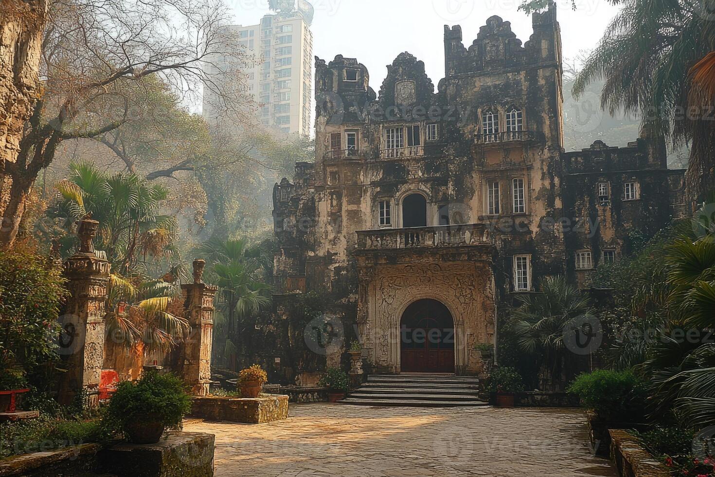 Ancient Castle Amidst Lush Tropical Foliage photo