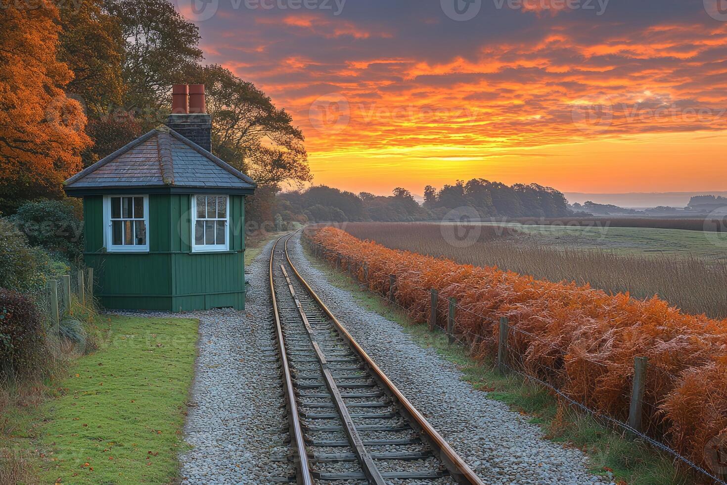 Autumn Sunrise Over Railway Line And Signal Box photo