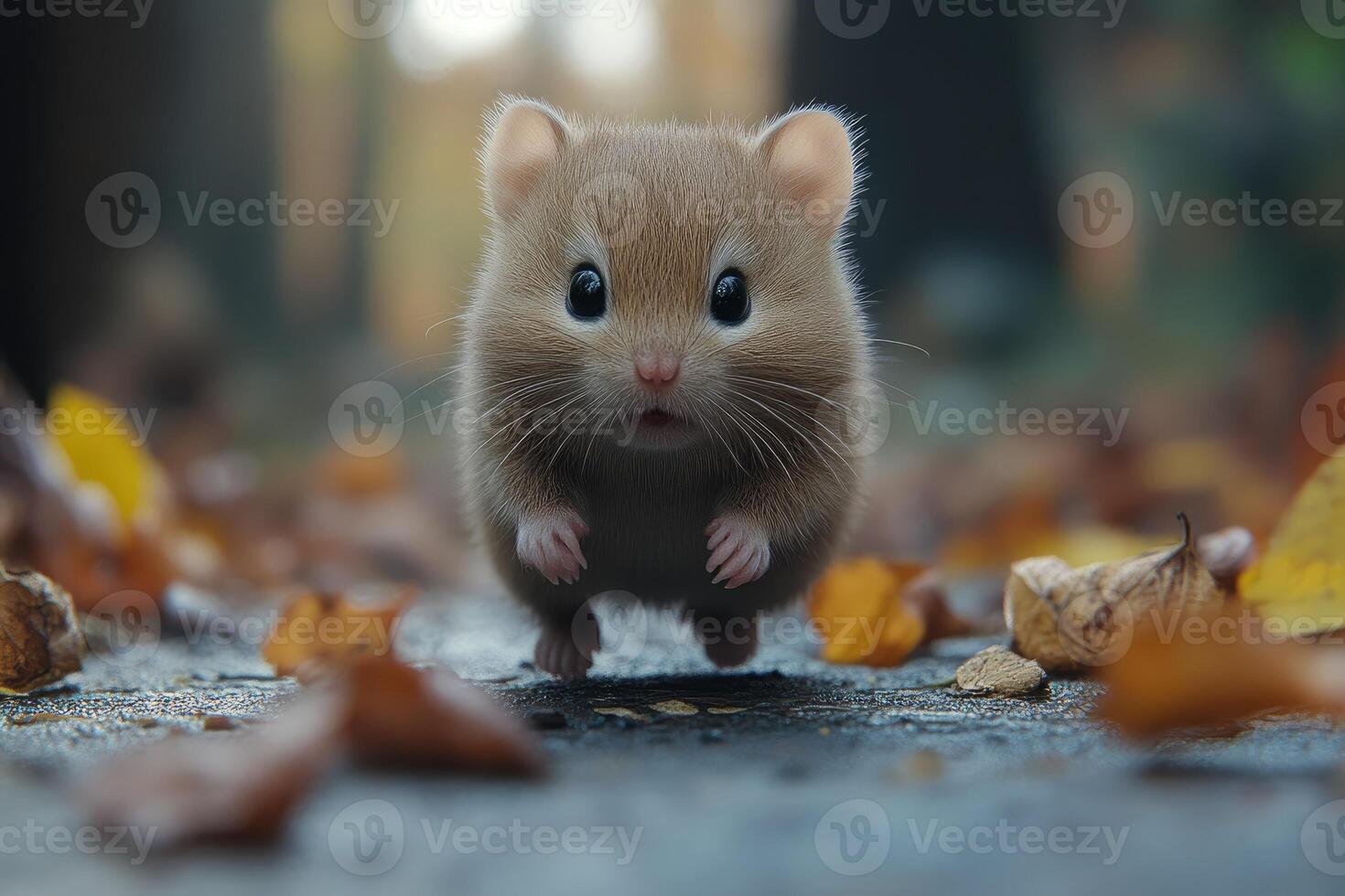 Adorable Tiny Hamster Leaping Through Autumn Leaves photo