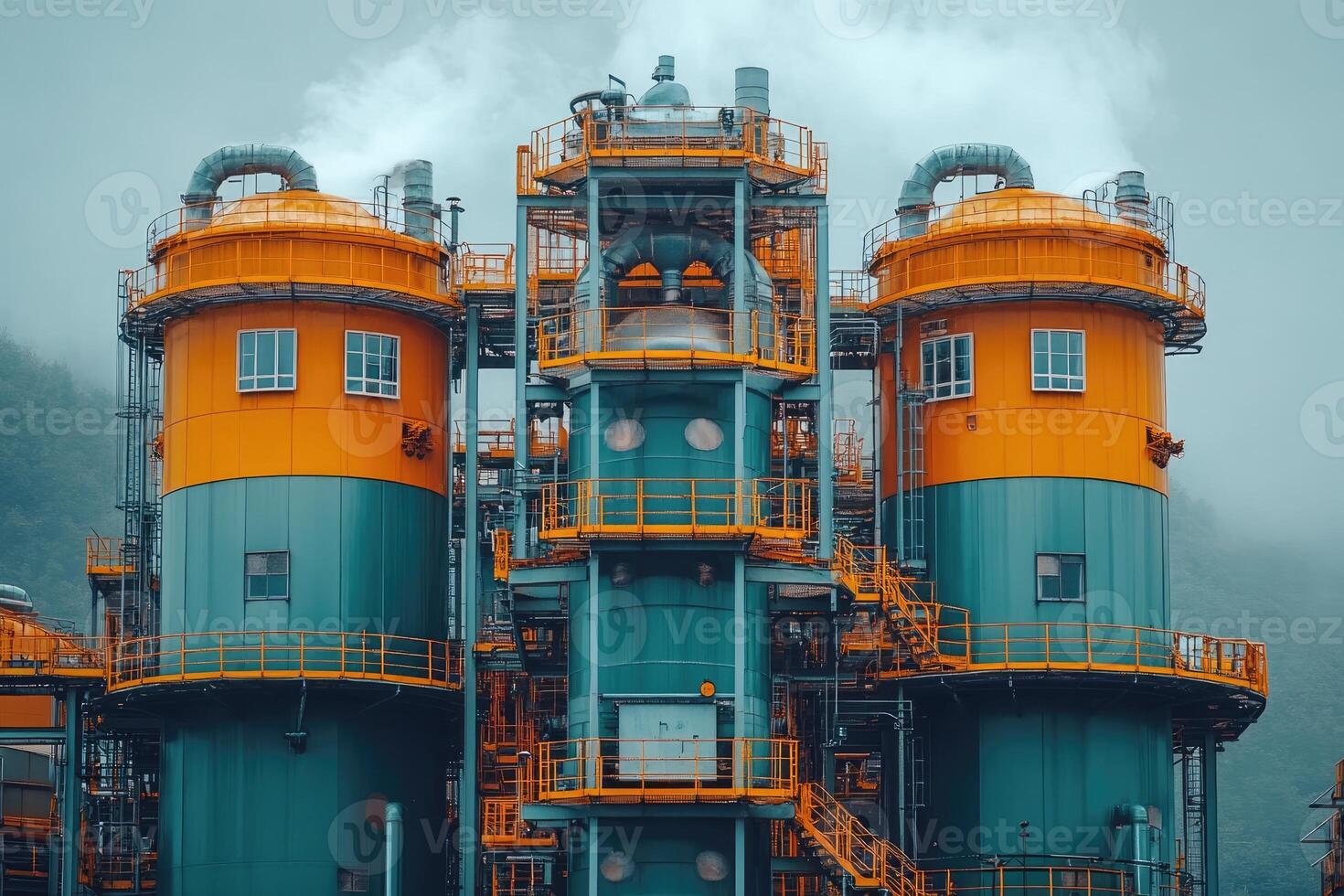 Industrial Complex Featuring Three Tall Teal and Orange Towers photo