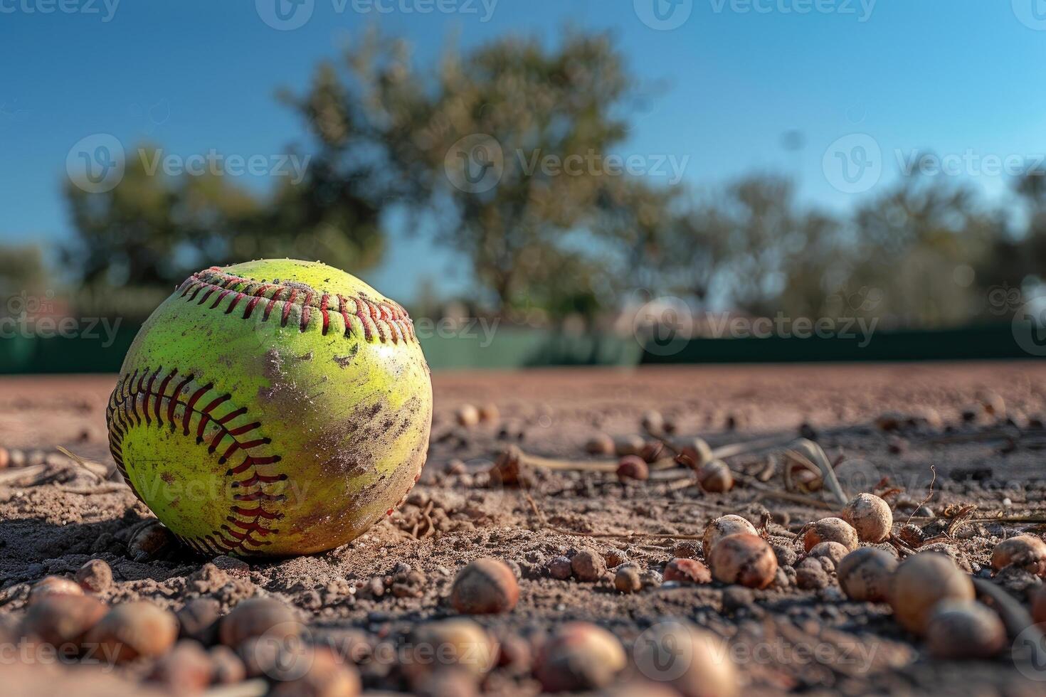 Worn Softball Resting on Sandy Field with Scattered Rocks photo