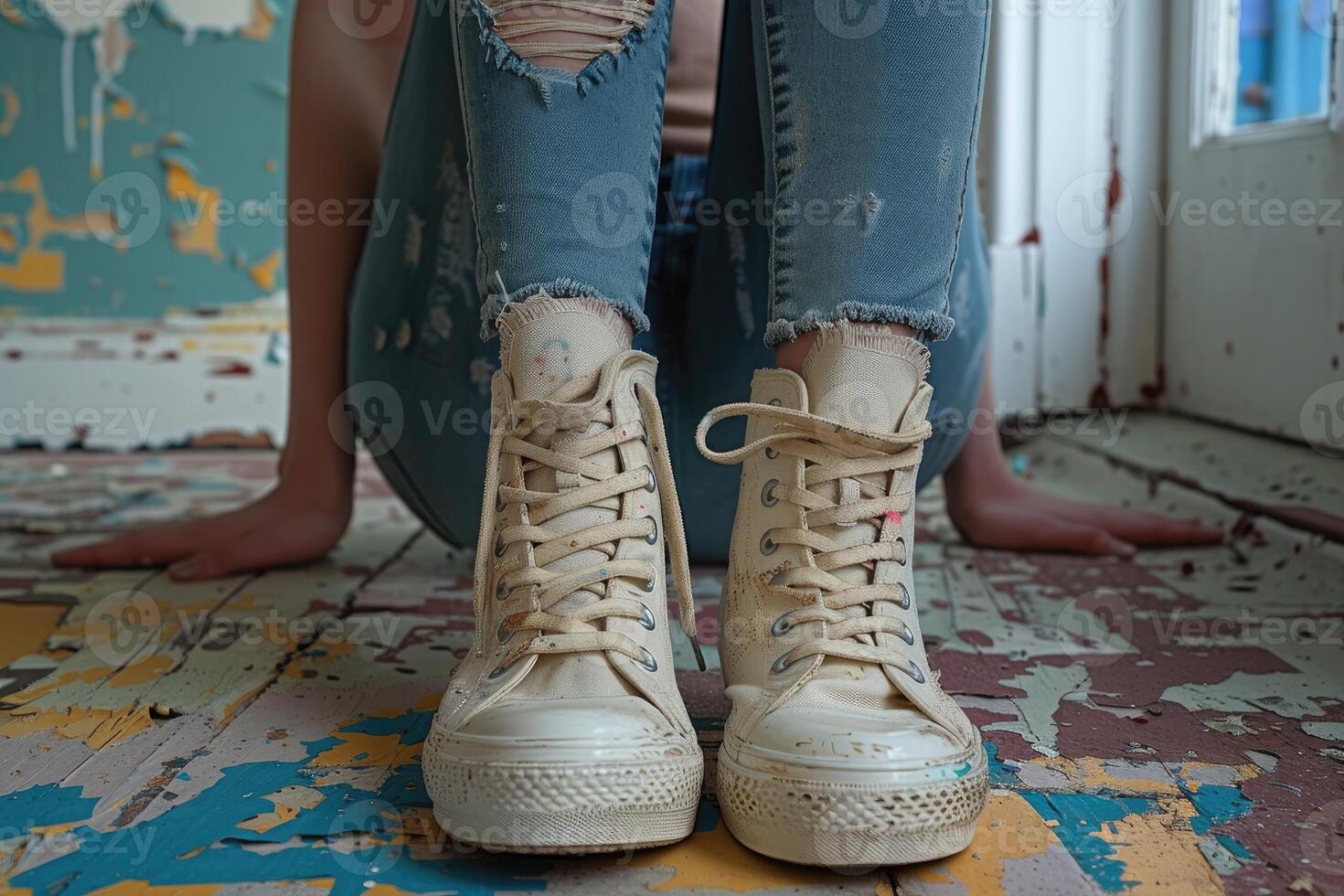 Worn White Sneakers on a Peeling Wooden Floor photo