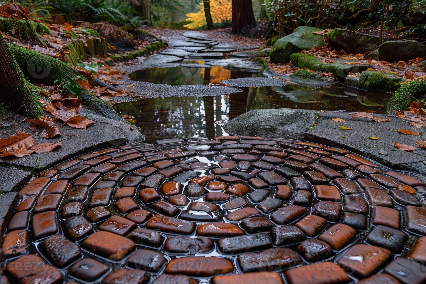 A Circular Stone Pathway in a Forest, Partially Submerged in Water photo