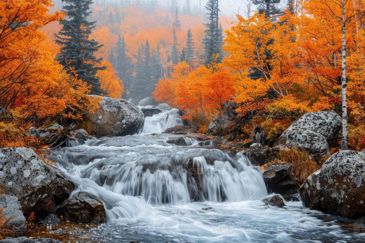 A Cascade Through Autumn-Colored Trees in a Foggy Forest photo