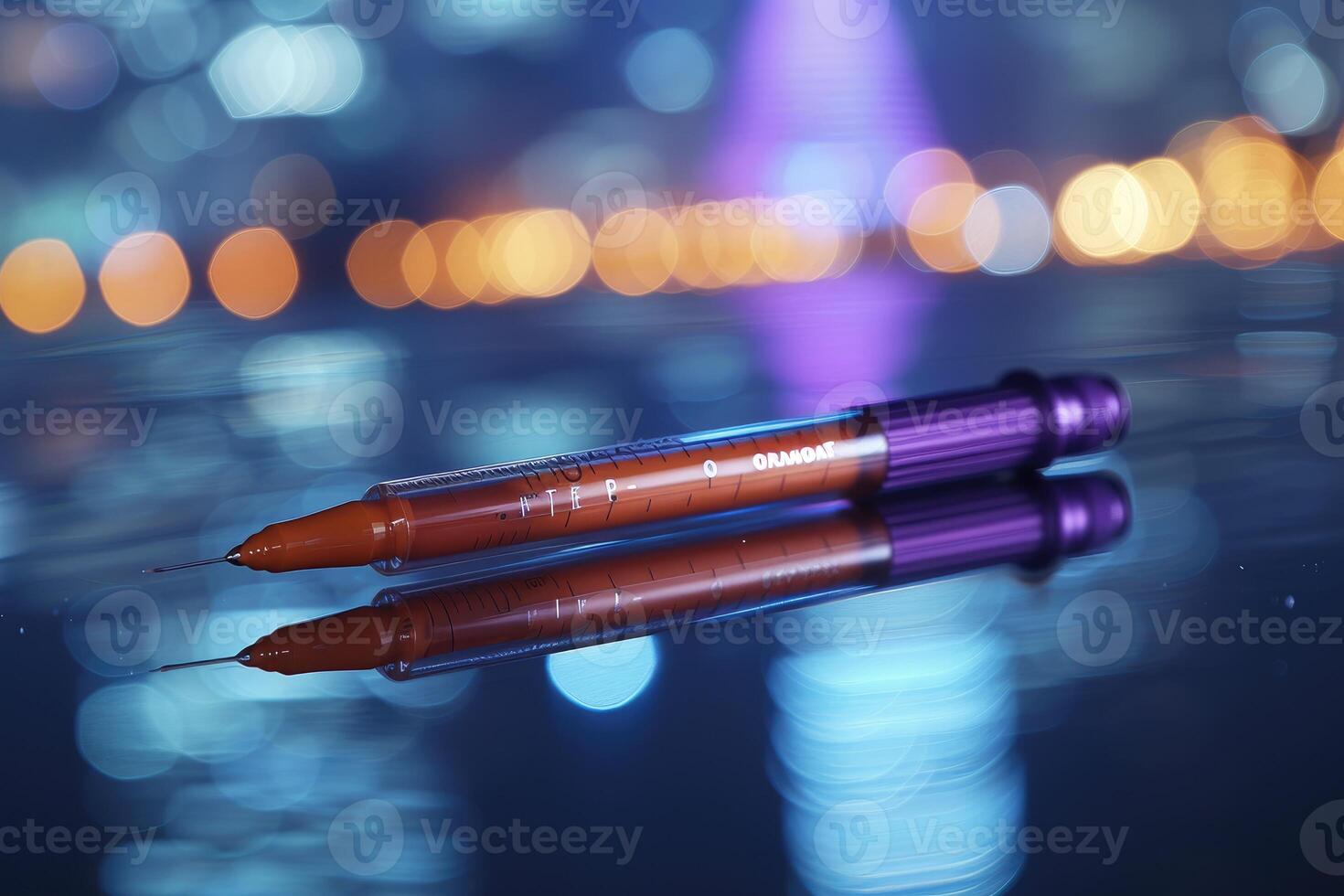 A Close-Up of a Syringe with Purple Tip on a Shiny Surface with Blurry Lights in the Background photo