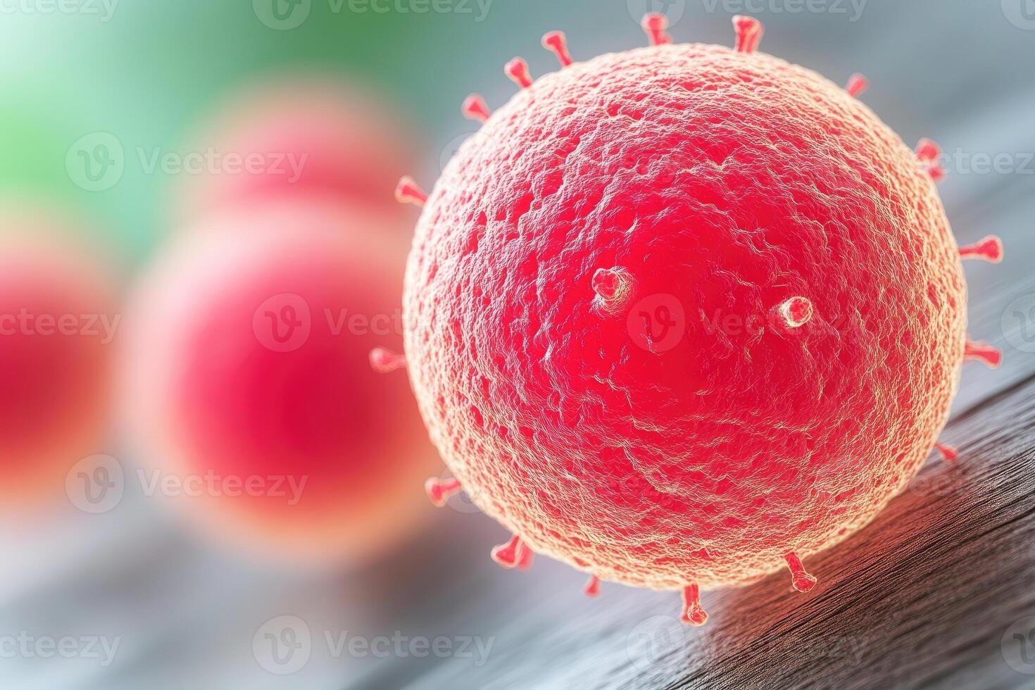 A Close-Up View of a Red Virus with Spikes Resting on a Wooden Surface photo