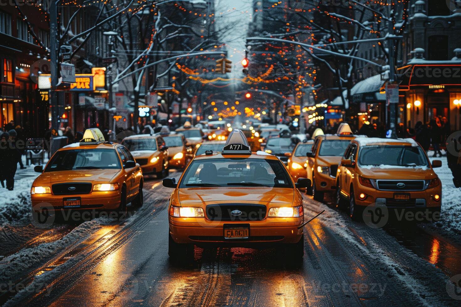Yellow Taxi Cab Driving Through Snow-Covered City Streets at Night photo