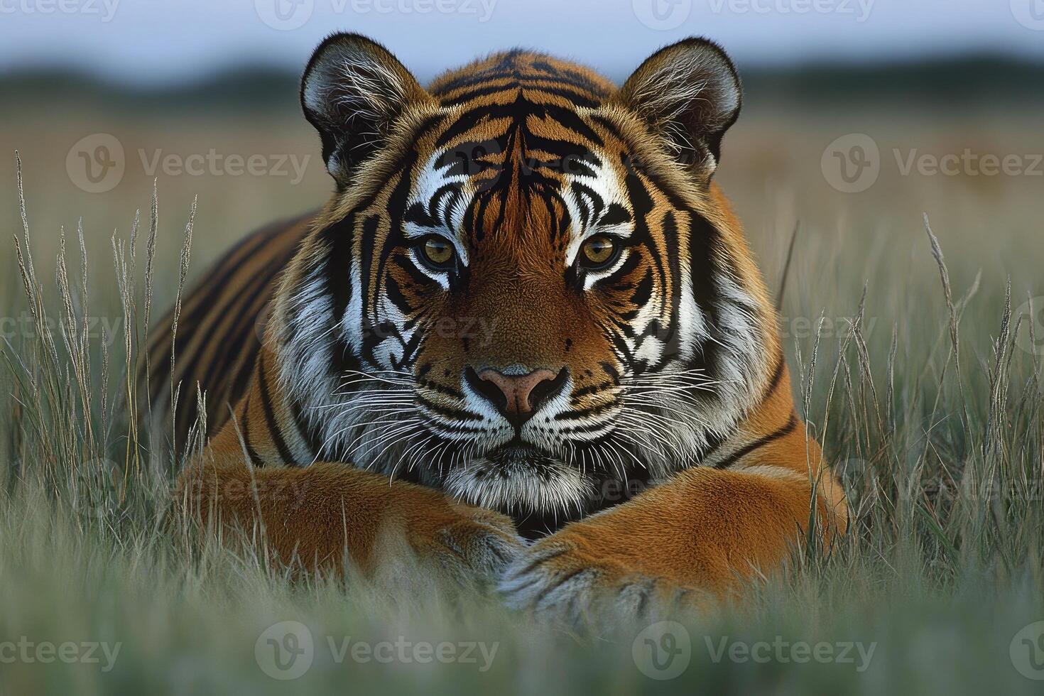 A Close-Up of a Tiger Lying in Tall Grass photo