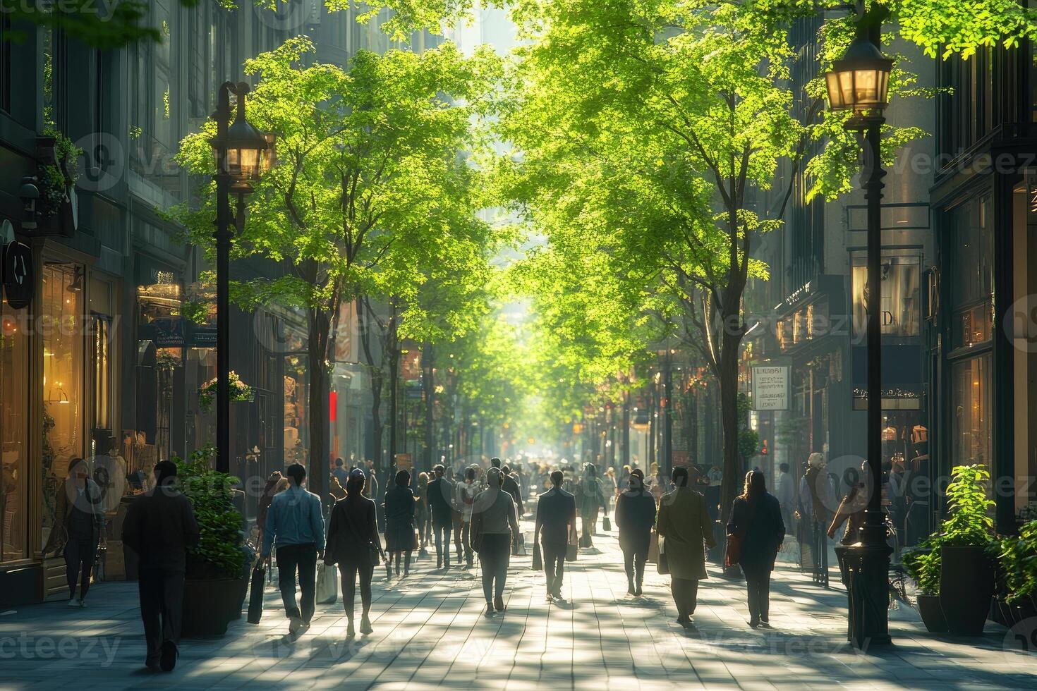 A bustling city street lined with trees and storefronts, with people walking towards a bright light. photo