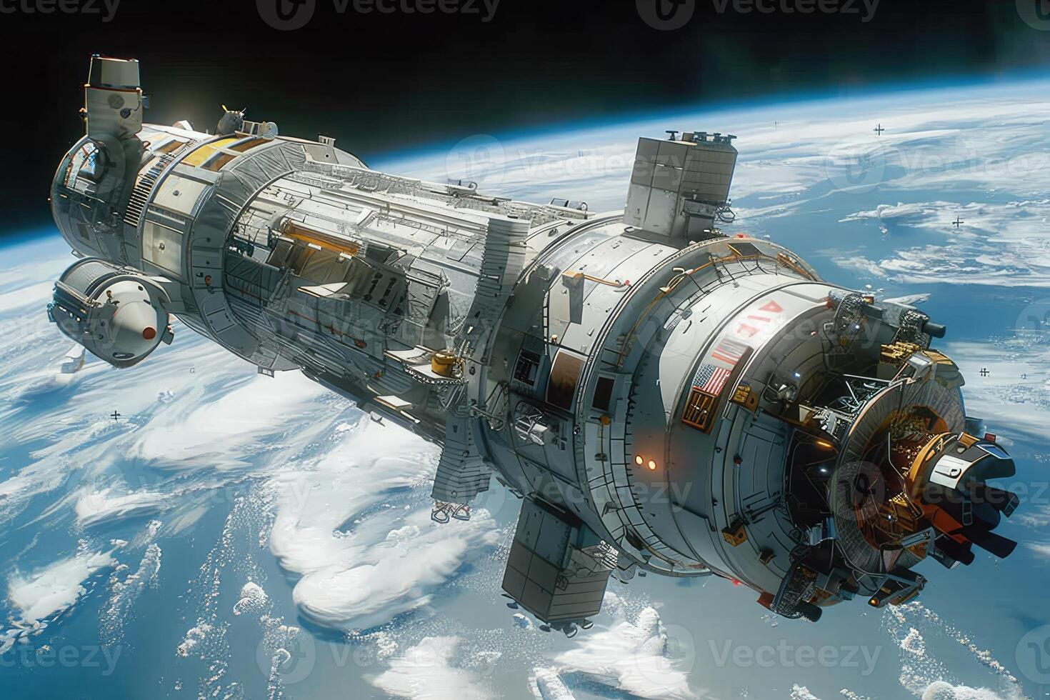 A large, cylindrical spaceship in Earth's orbit with a capsule attached. photo