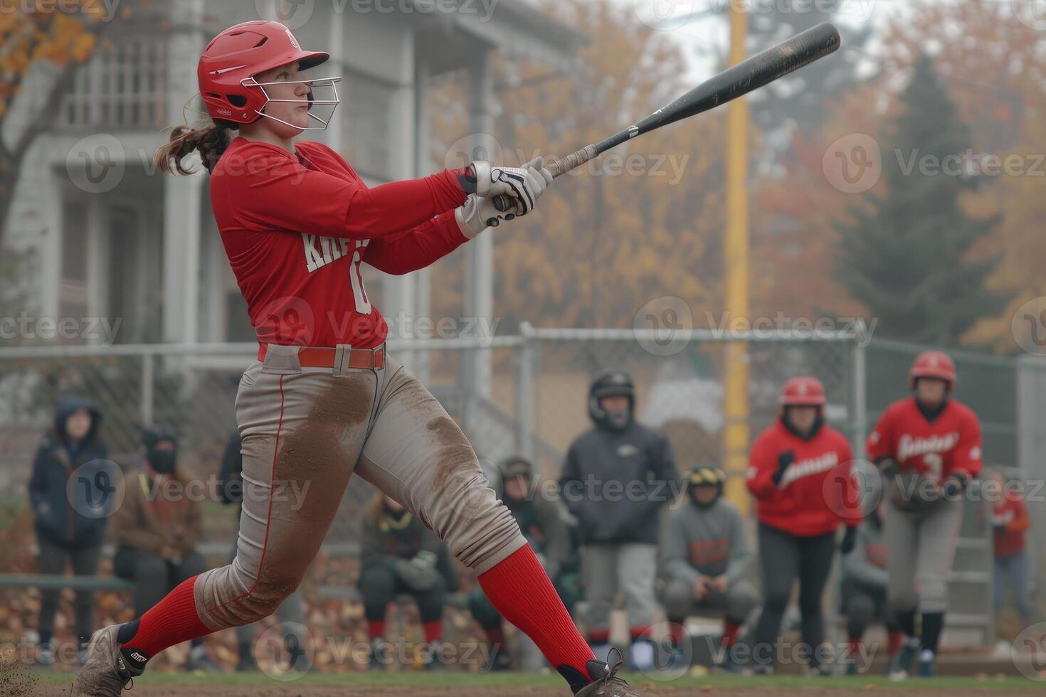 A female softball player swinging a bat with muddy pants photo